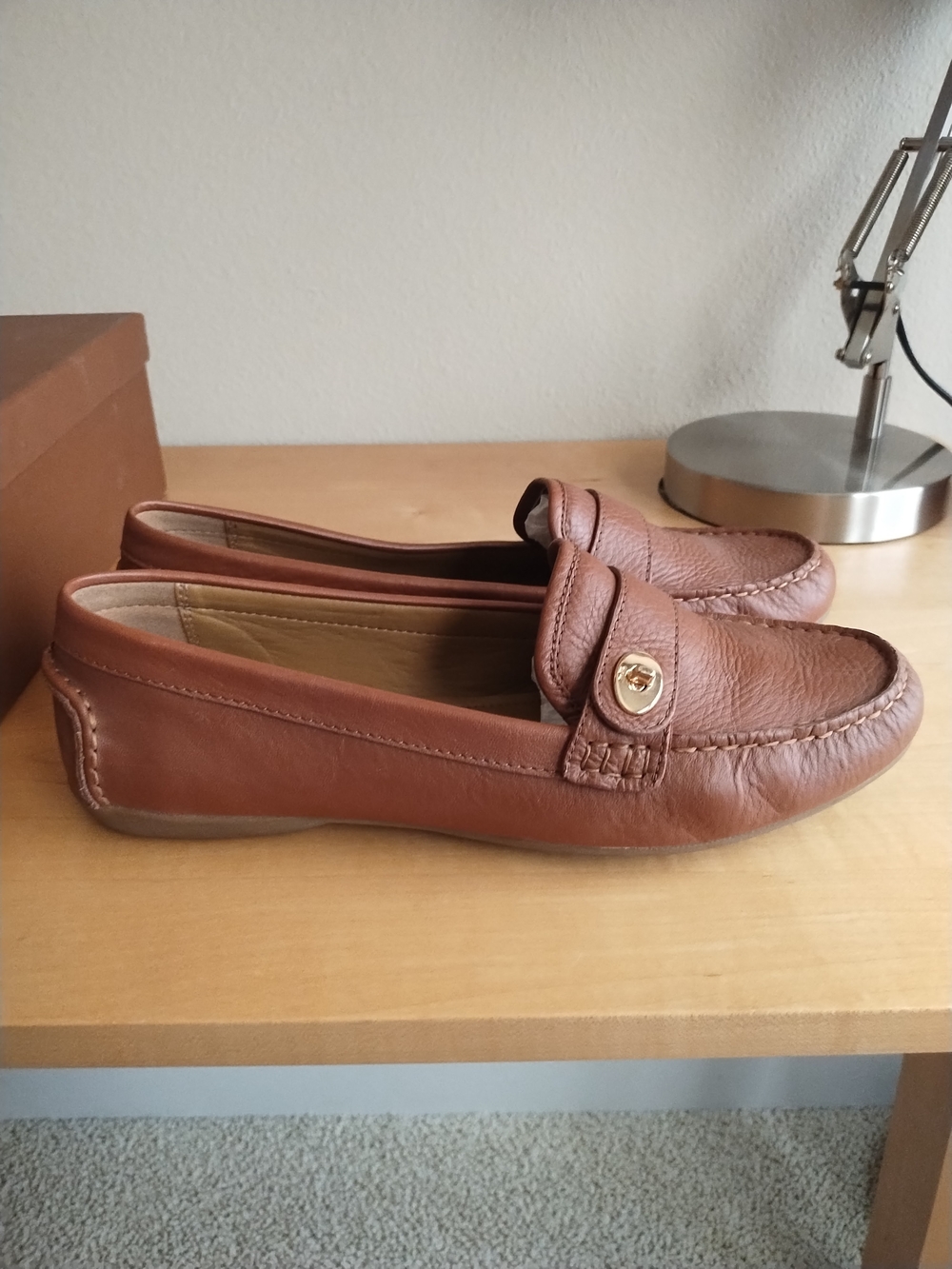 Coach Saddle Brown Leather Loafers with Gold-Tone Accent - Picture 5 of 9